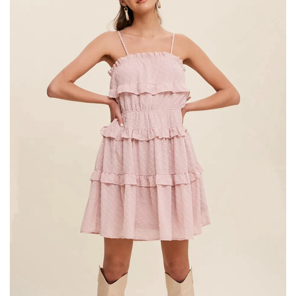 LISTICLE Size S Dusty Pink Swiss Dot Ruffled Dress - Picture 1 of 9